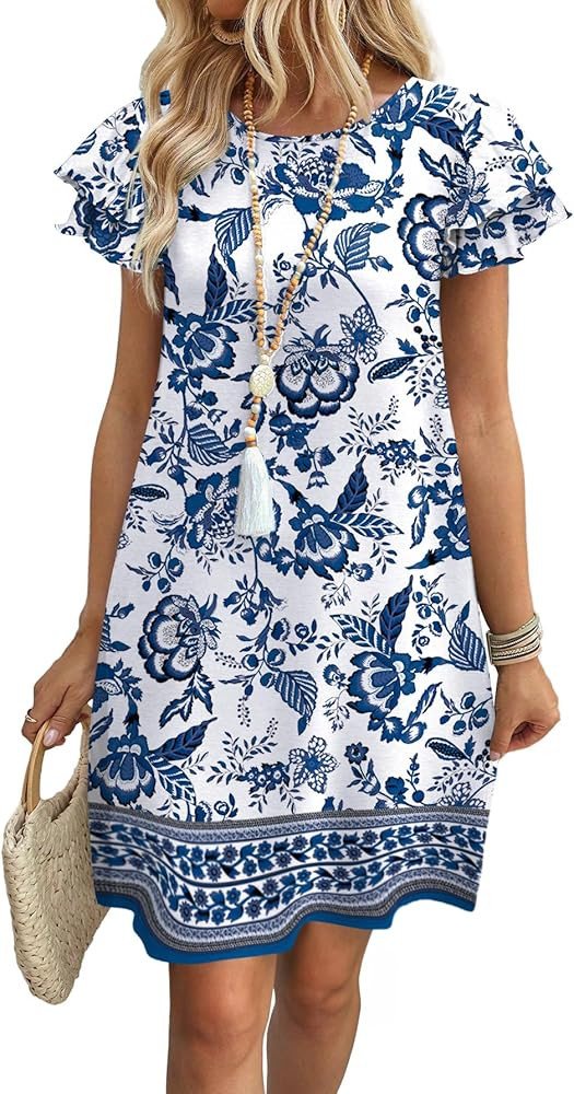 OFEEFAN Womens Summer Dresses 2026 Ruffle Sleeve Round Neck Loose Swing Sundresses with Pockets P... | Amazon (US)