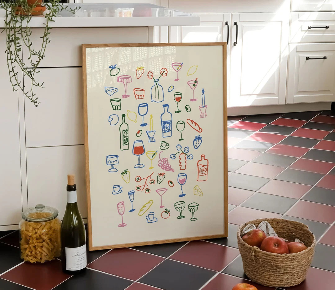 Retro Dinner Table Print, Food and Drinks Illustrations Poster, Maximalist Kitchen Gallery Wall A... | Etsy (US)