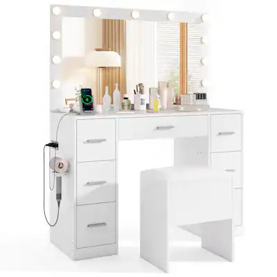 Costway - Vanity Desk with Mirror and Lights Storage Stool Power Outlets 3 Lighting Colors - Whit... | Best Buy U.S.