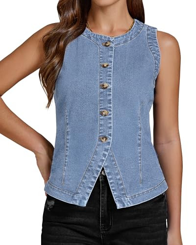luvamia Denim Vest for Women Sleeveless Strechy Jean Vest Top Button Down Crewneck Casual Summer ... | Amazon (US)