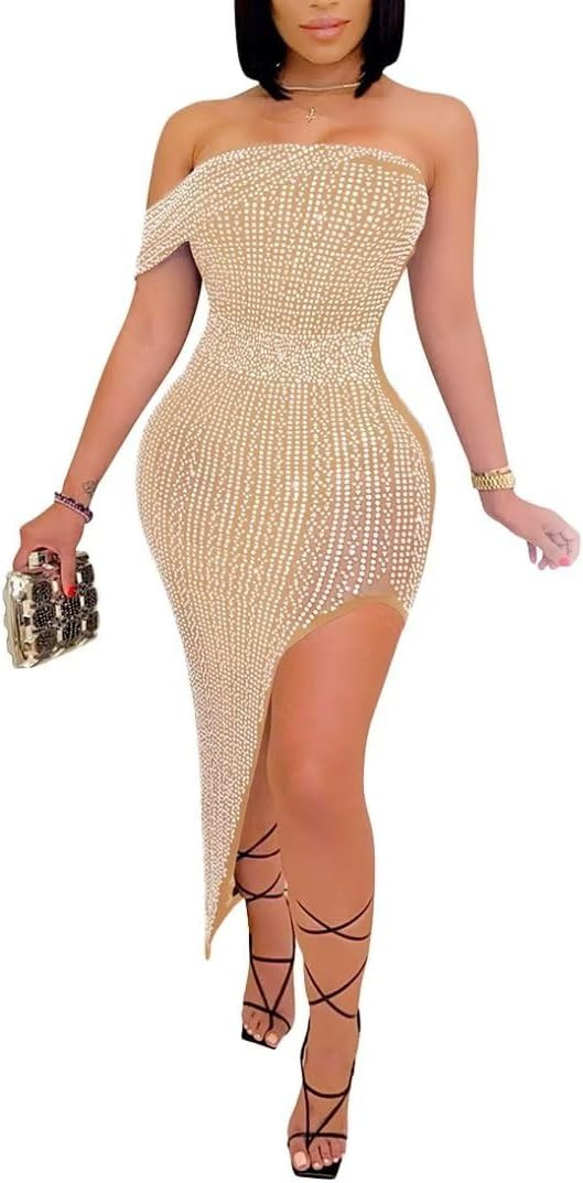 KOBYKE Women Long Prom Dress Sexy Bodycon Sequin & Rhinestone Birthday Evening Cocktail Party Nig... | Amazon (US)