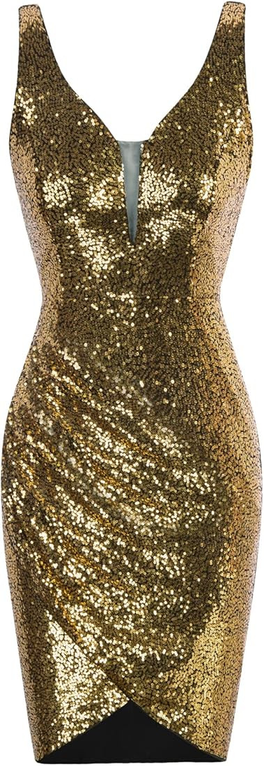 GRACE KARIN Women Deep V Neck Party Mini Dress U Back Sequin Irregular Hem Evening Dress | Amazon (US)