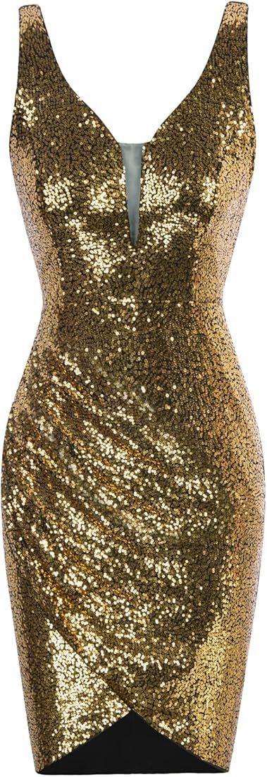 GRACE KARIN Women Deep V Neck Party Mini Dress U Back Sequin Irregular Hem Evening Dress | Amazon (US)