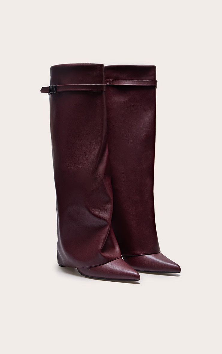 Burgundy PU Point Toe Fold Over Knee Block Heeled Boots | PrettyLittleThing US
