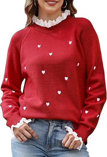 Gihuo Heart Sweater for Women Lace Knit Long Sleeve Pullover Jumper Cute Valentines Sweater Women... | Amazon (US)