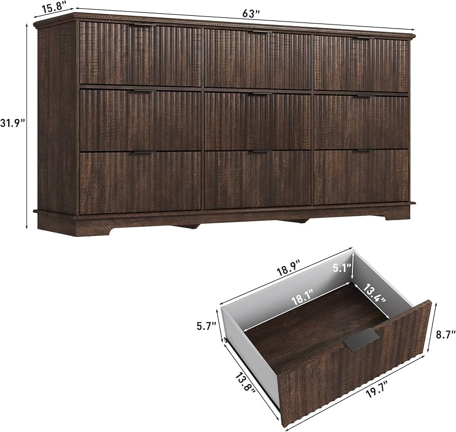 Fluted 9 Drawers Dresser for Bedroom, 63" Wood Dresser with Power Outlet and Deep Drawers, Wide C... | Amazon (US)