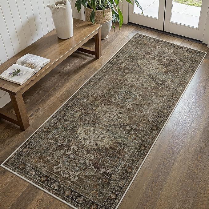2x5 Rug Runner, Non Slip Washable for Hallway, Vintage Brown | Printed Ultra Thin Stain Resistant... | Amazon (US)