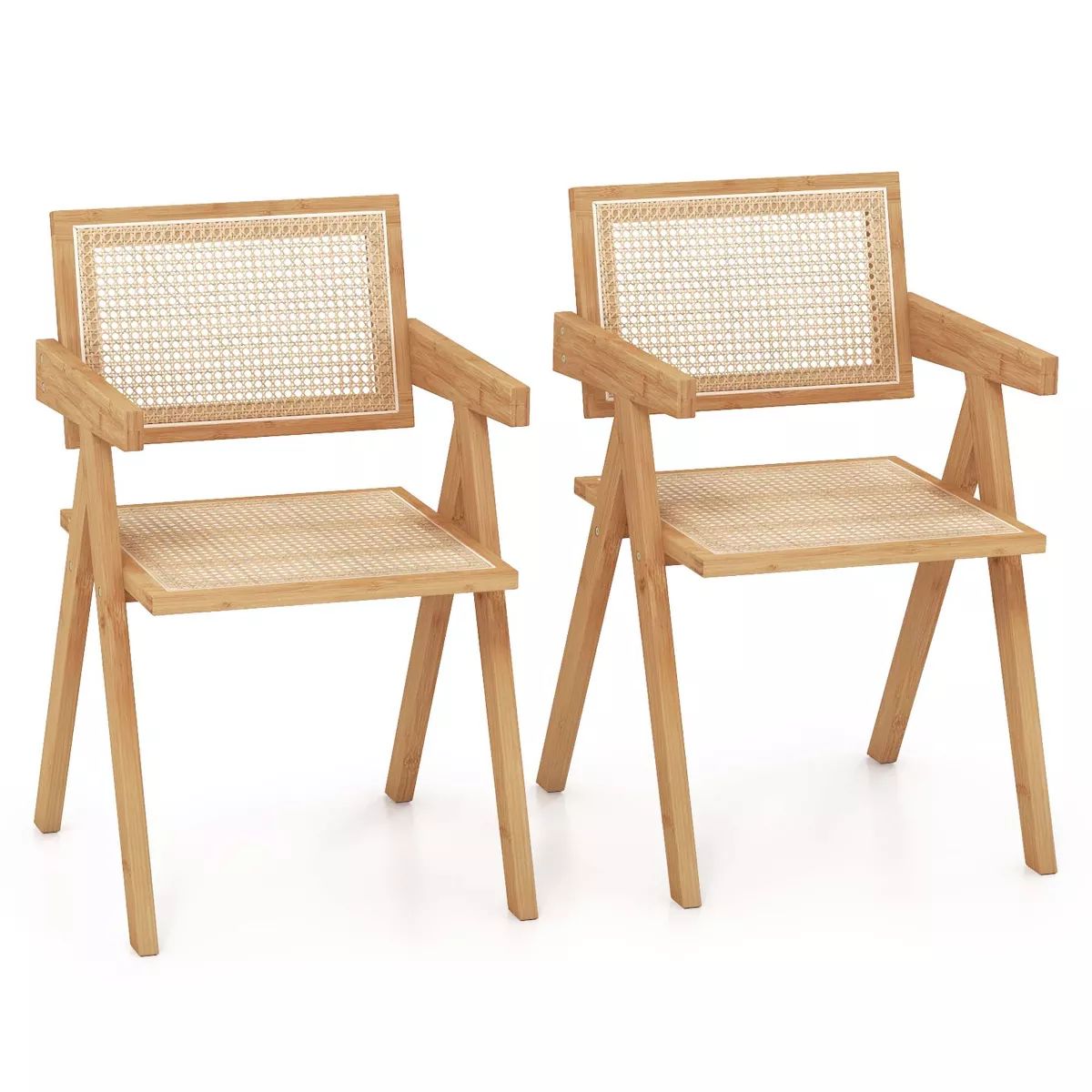 Costway Set of 2 Rattan Accent Chairs Mid Century Dining Armchair Bamboo Frame Kitchen Natural | Target