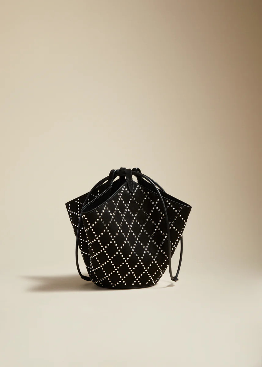 The Mini Lotus Drawstring Bag in Black with Lozenge Crystals | Khaite