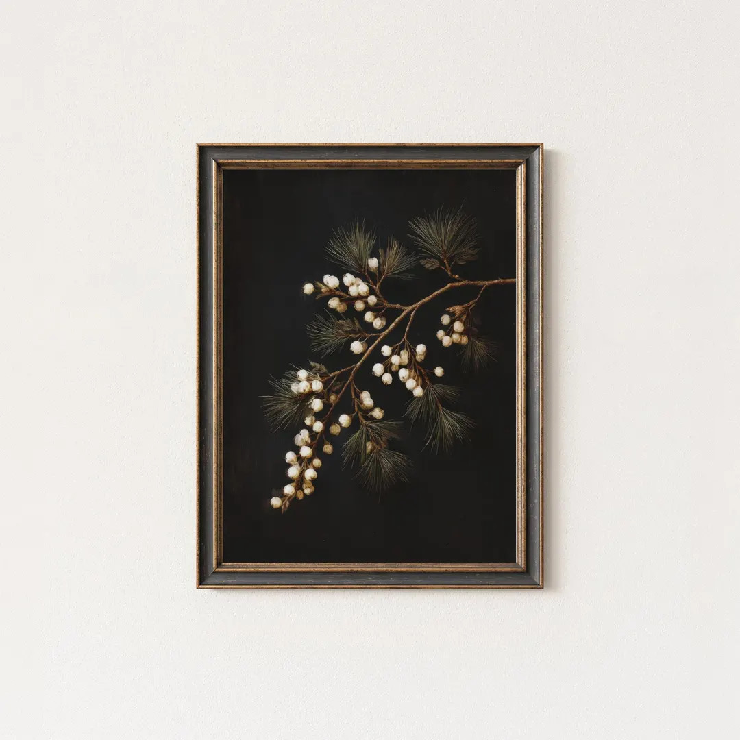 Christmas Botanical Wall Art | Rustic Pine Branch Print | Moody White Berry Painting | Farmhouse ... | Etsy (US)