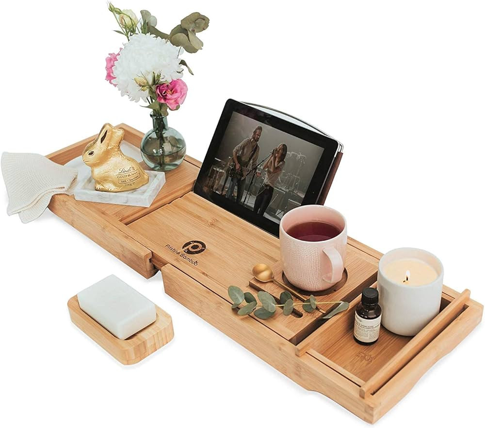 Bamboo Bathtub Caddy Tray for Tub- Expandable Bath Tray - Adjustable Organizer Tray for Bathroom ... | Amazon (US)