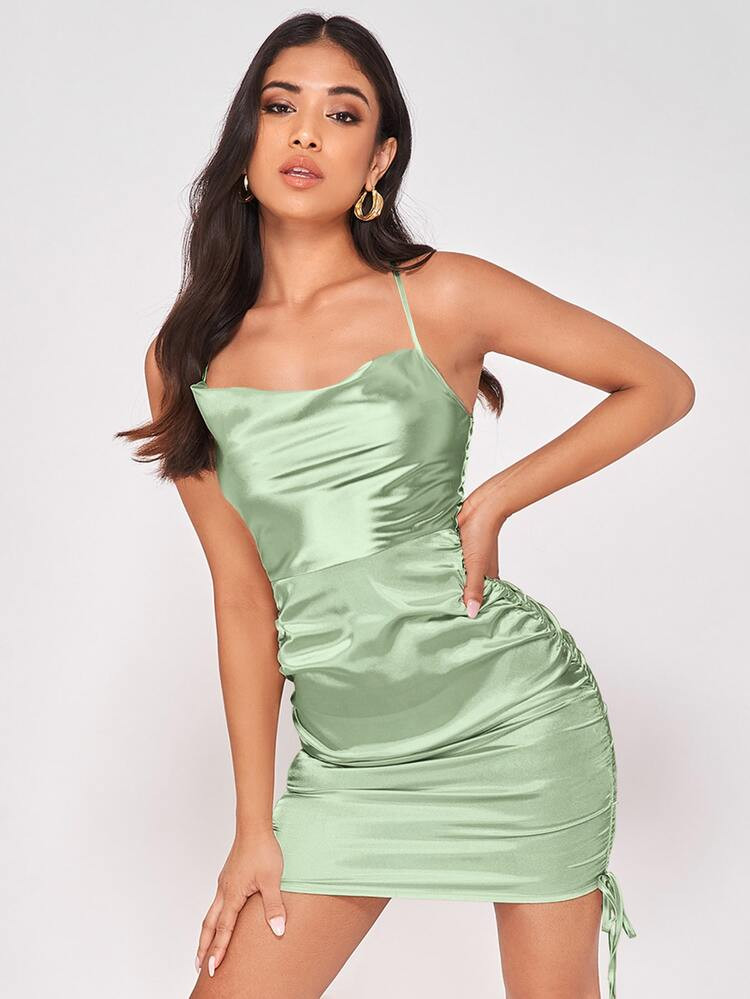 SHEIN PETITE Draped Front Drawstring Ruched Satin Bodycon Dress | SHEIN