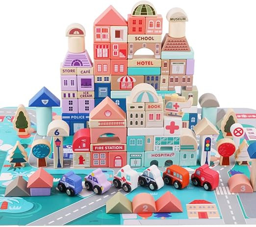 Lewo 115 PCS Wooden Building Blocks with City Map Construction Building Sets City Building Blocks... | Amazon (US)