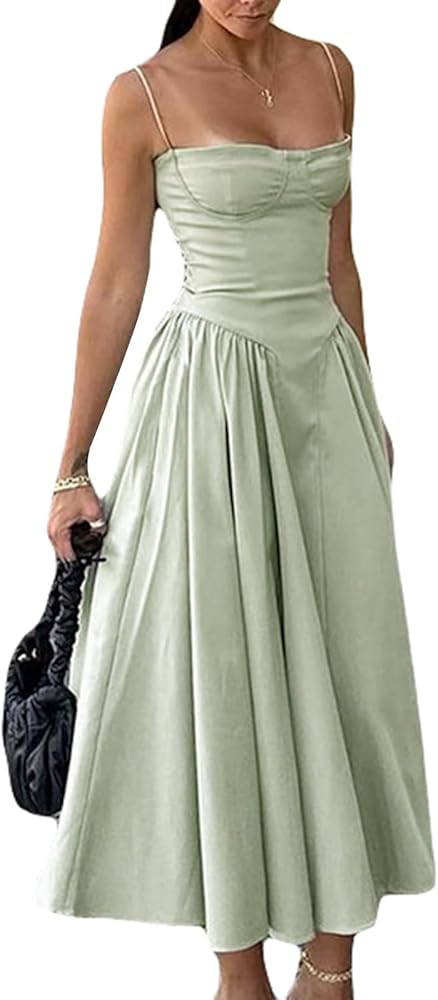Womens Summer Elegant Midi Dress Spaghetti Strap Sleeveless Boho Long Dress Bohemian Bandage Slim... | Amazon (US)