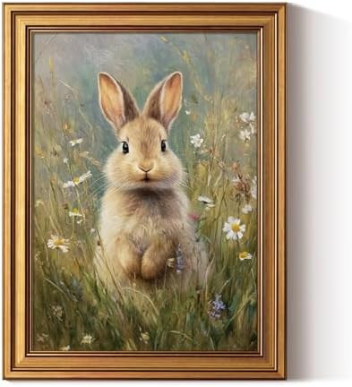 ARPEOTCY Gold Framed Canvas Wall Art, 12x16 Inch, Easter Bunny Rabbit with Wildflowers, Spring Vi... | Amazon (US)