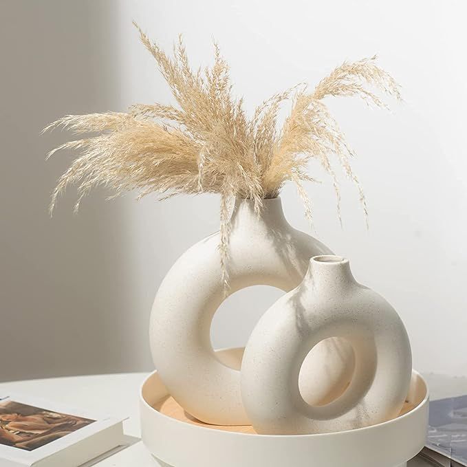 White Ceramic Vase for Modern Home Decor,Round Matte Pampas Flower Vases Minimalist Nordic Boho I... | Amazon (US)
