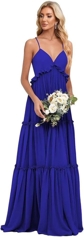 Tiered Long Bridesmaid Dresses for Women Spaghetti Straps Ruffle A Line Chiffon Formal Evening Dr... | Amazon (US)