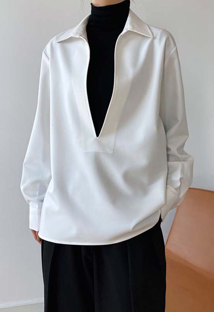 Deep V-Neck Collared Shirt in White | Chicwish