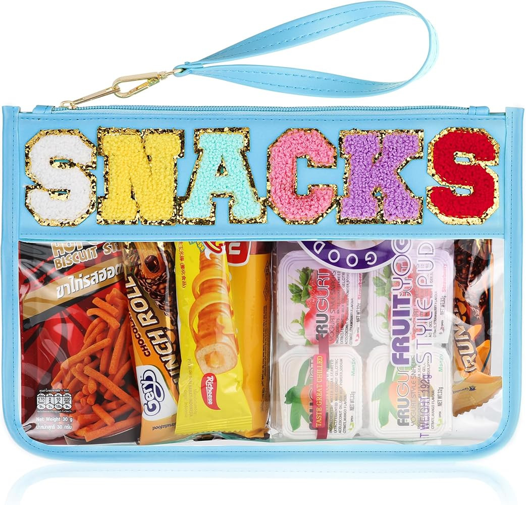 Snack Bag for Travel - Clear Chenille Varsity Letter Flat Pouch with Zipper, 12.2×8.46 inch Wate... | Amazon (US)
