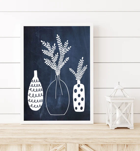 Navy Blue Botanical Floral Vase Printable Wall Art Downloadable Art Illustration Instant Art Mini... | Etsy (US)