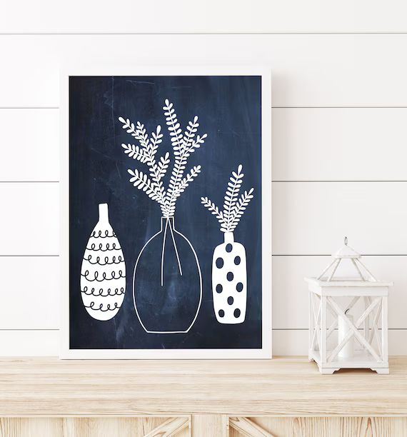 Navy Blue Botanical Floral Vase Printable Wall Art Downloadable Art Illustration Instant Art Mini... | Etsy (US)