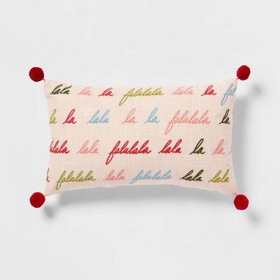 &#39;Falala&#39; Embroidered Lumbar Throw Pillow with Pom Poms Blush - Threshold&#8482; | Target