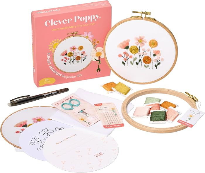 Clever Poppy Sunset Meadow Beginner Embroidery Kit \u2013 Easy Embroidery Kit for Beginners with ... | Amazon (US)
