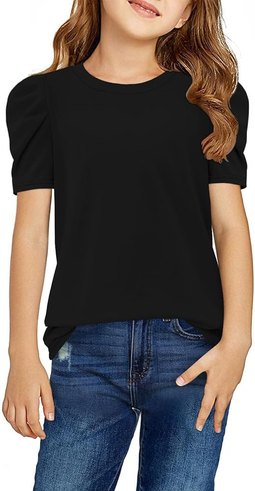 storeofbaby Girls Puff Short Sleeve Shirts Round Neck Tunic Tops Casual Solid Blouses 5-14 Years | Amazon (US)