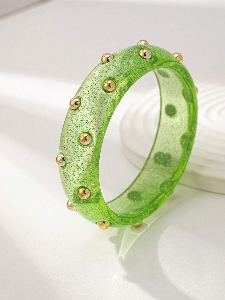1 Pc Green Color Resin Acrylic Cuff Bracelet , Golden Color Minimalist Design Metal Tube Design Chunky Bangles Arm Band , Women Summer Candy Color Oversized Arm Cuffs Set , Basics Jewelry For Daily Wearing | SHEIN