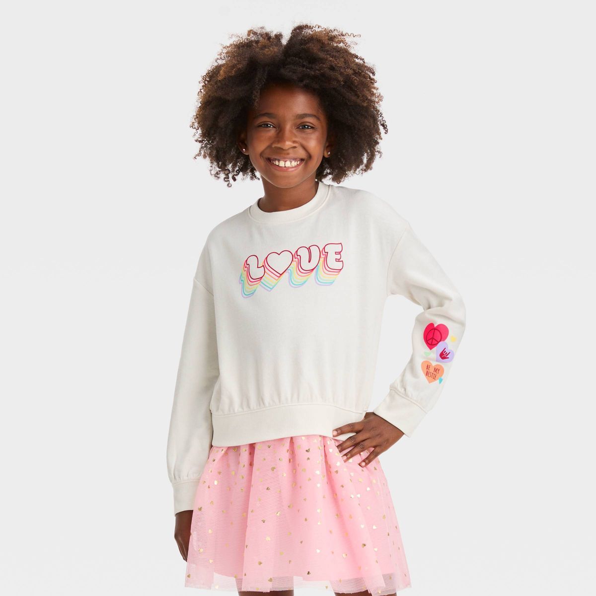 Girls' French Terry Valentine's Day Multi Hearts Pullover Sweatshirt - Cat & Jack™ Cream | Target