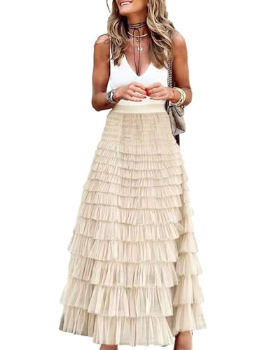 Long Tulle Skirt for Women Trendy High Waisted A Line Fluffy Fairy Mesh Layered Ruffle Skirt(Beige, L) | Amazon (US)