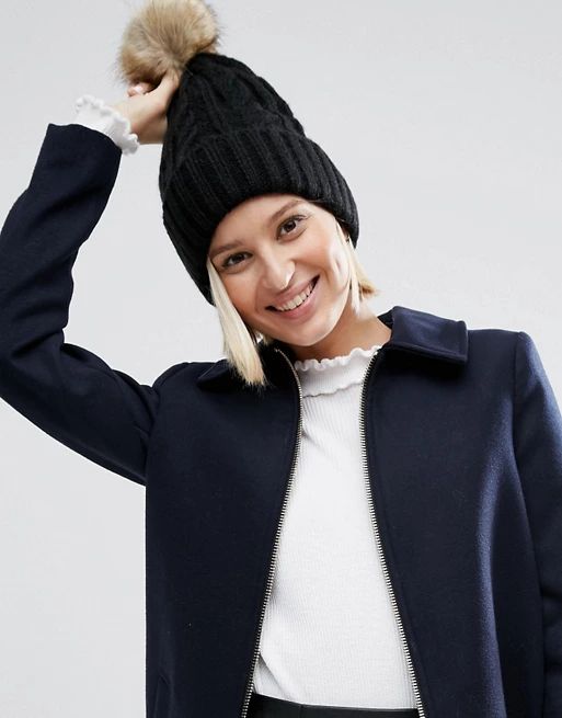 ASOS Cable Faux Fur Pom Beanie | ASOS US