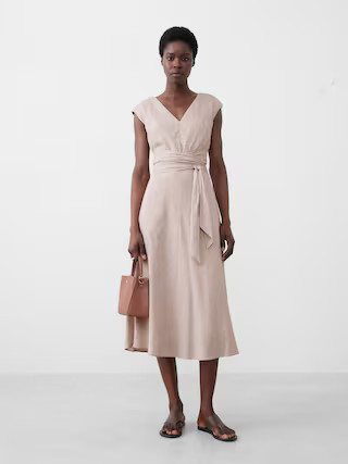 Linen-Blend Wrap Midi Dress | Banana Republic Factory