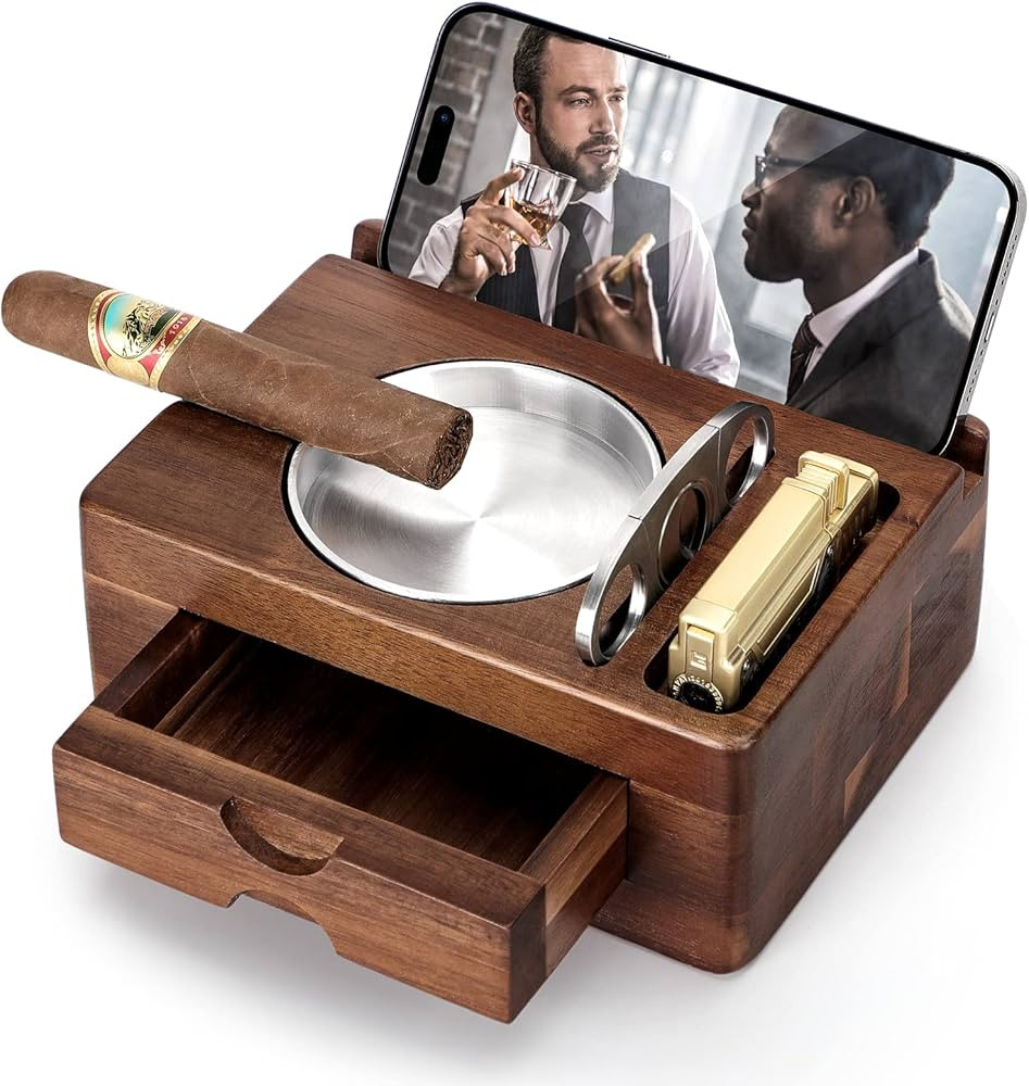Tesonway Cigar Ashtray, Wooden Cigar Ashtrays with Cigar Cutter, Phone Tablet Holder, Cigar Holde... | Amazon (US)