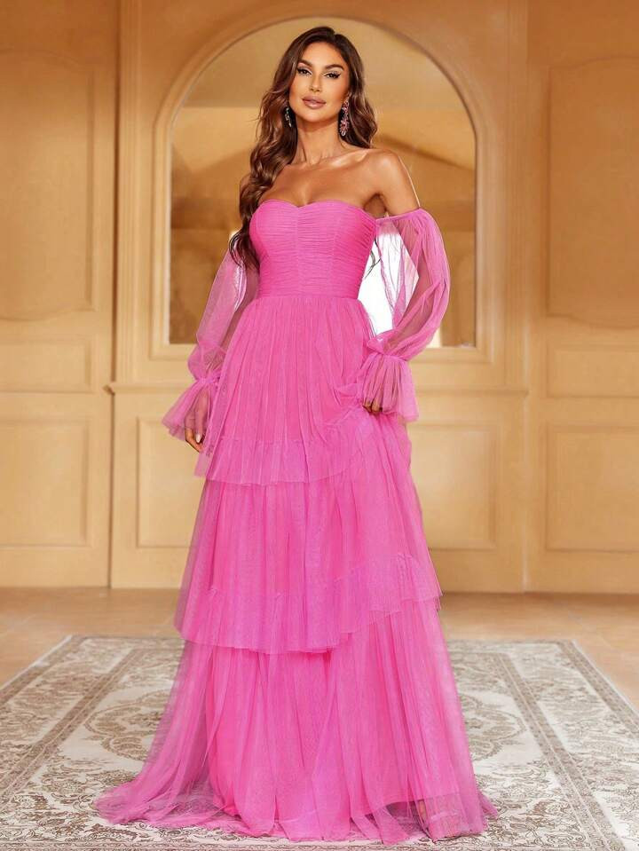 Off Shoulder Flounce Sleeve Layer Hem Mesh Overlay Dress | SHEIN