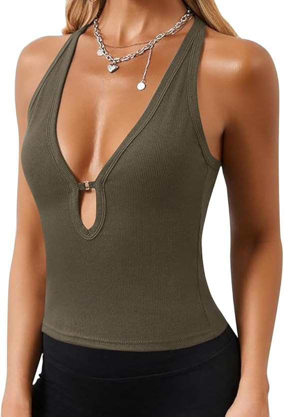 Womens Sexy Plunge Deep V Neck Racerback Tank Tops Summer Slim Fit Low Cut Camisole Sleeveless Ri... | Amazon (US)