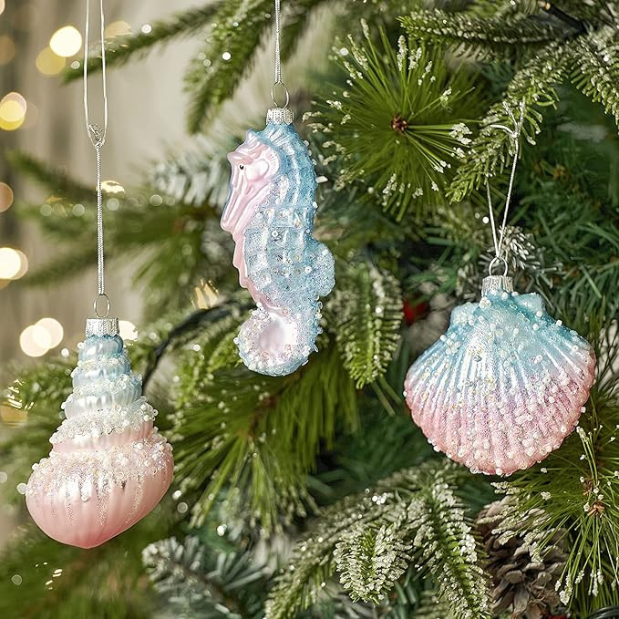 WBHome Christmas Glass Ornaments, Hand Crafted Seashell, Sea Horse, Conch Ocean Ornaments Set for... | Amazon (US)