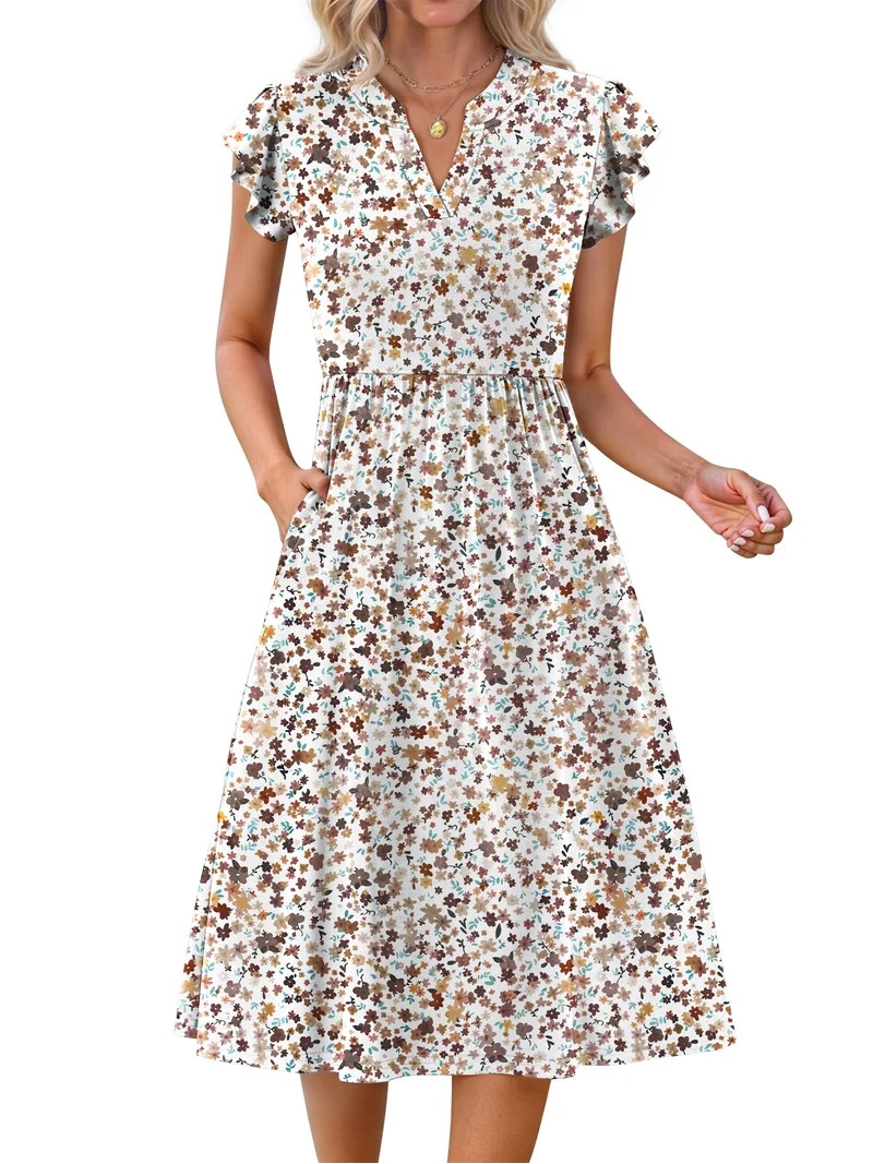 Fantaslook Summer Dresses for Women Ruffle Sleeve V Neck Midi Dresses Fashion Casual Flowy Vacati... | Walmart (US)