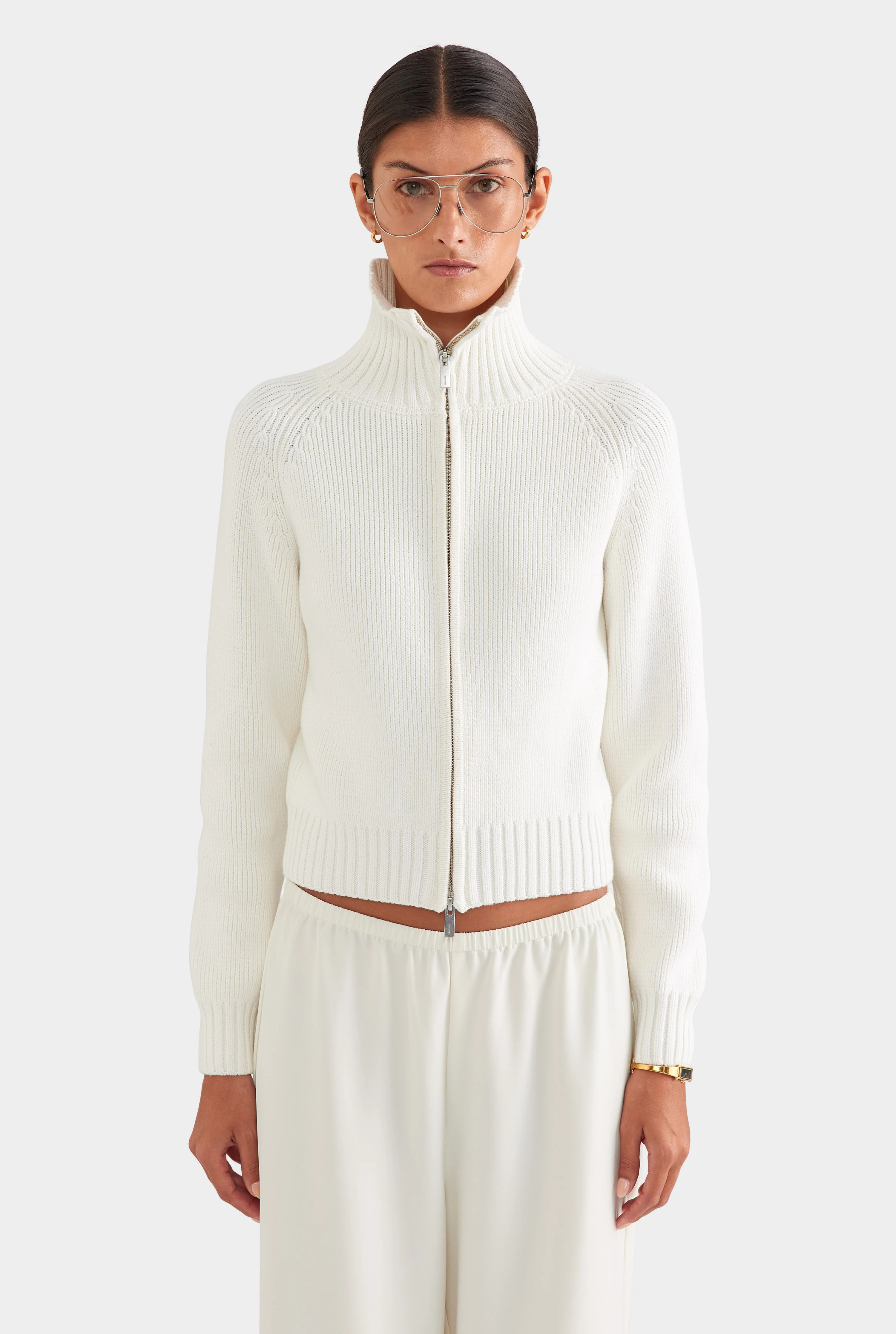 Womens Cotton Funnel Neck Zip Up Sweater White | Venroy | Venroy AU