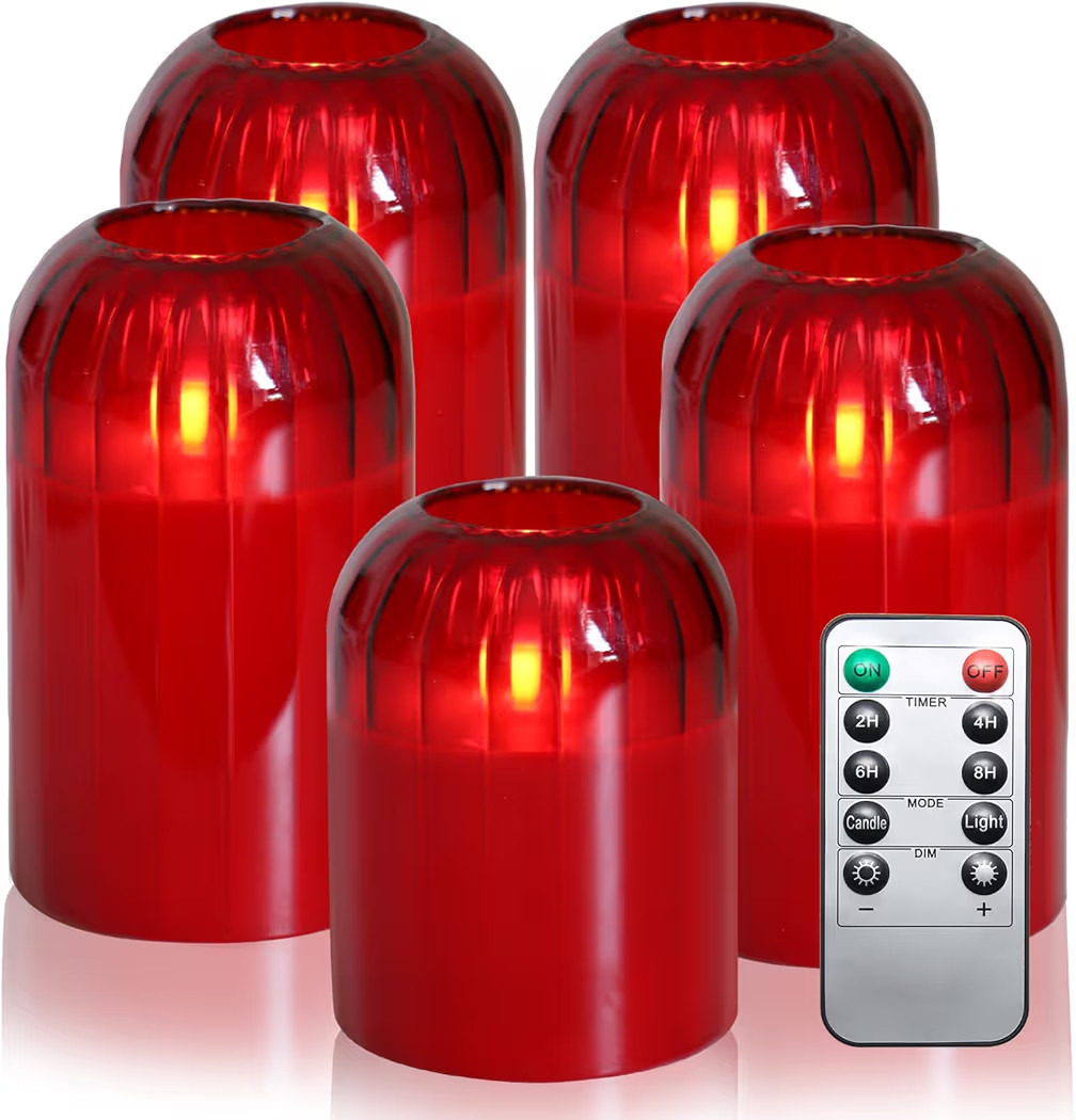 5pcs Red Flameless Candles, Battery Operated Candles with Remote Dancing Flame, LED Jar Glass Flickering Electric Christmas Candlelights H4 5" 5" 6" 6" | Amazon (US)
