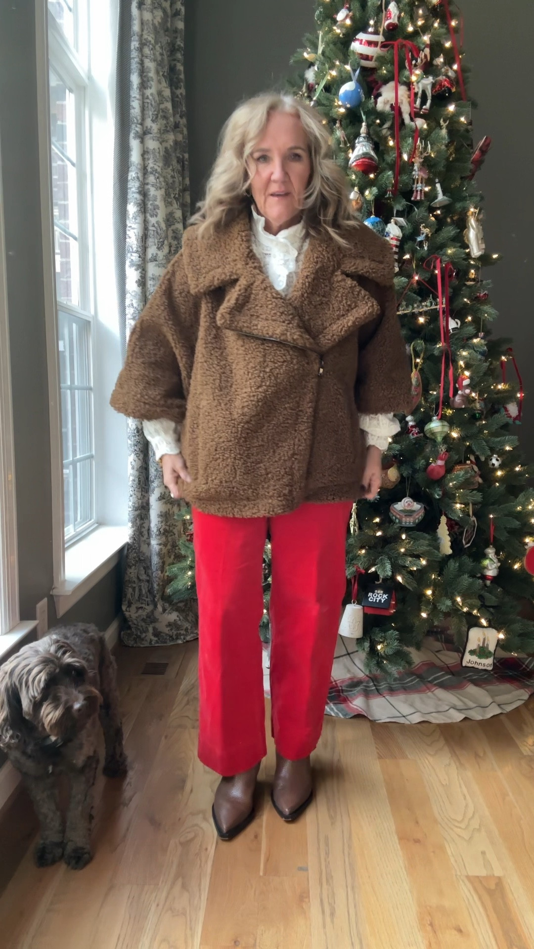 Hello Claude!

Sherpa fleece is very good quality and is on sale. I am wearing a medium large. 
Lace blouse is beautiful quality. I’m wearing a size 10 it is worth a splurge and you will have this for years to come. 

Red corduroy I am wearing a 10 petite and they are pretty roomy if you want them more fitted go your smaller size 

Boots are very comfortable. I size up a half to accommodate for the pointed toe. 

Dolcevita Talbots Bernardo coats cold weather, outfit, winter jacket, winter coat, red pants sezane blouse

#LTKWatchNow #LTKOver40 #LTKSeasonal