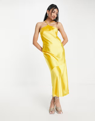 Miss Selfridge satin halter maxi slip dress in yellow | ASOS (Global)