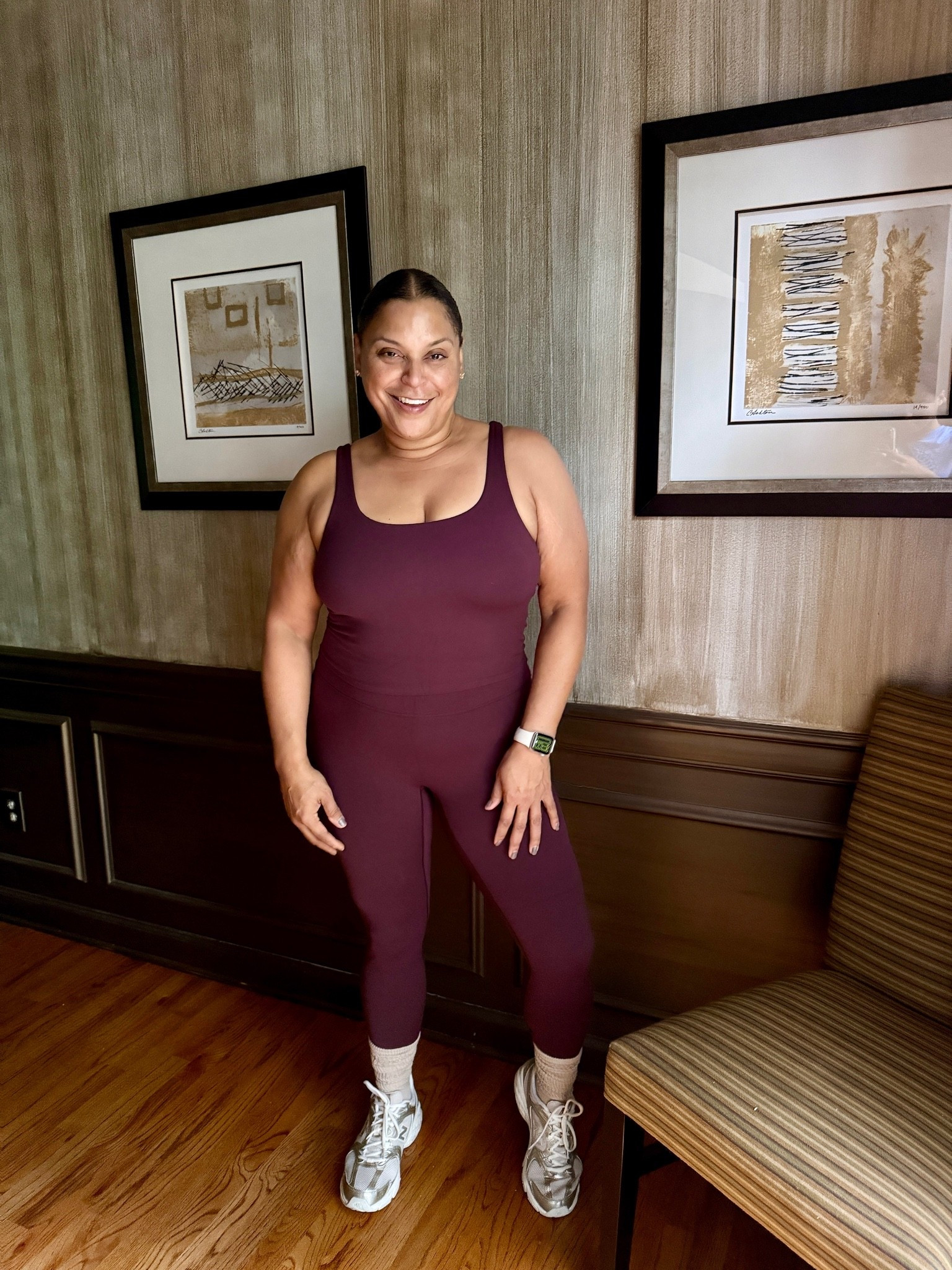 My new fave workout set. It stayed put during Pilates and feels great. Love the rich plum  color…perfect for fall. 

Pilates No Front Seam Leggings U Back Longline Sports Bra Metallic Sneakers
