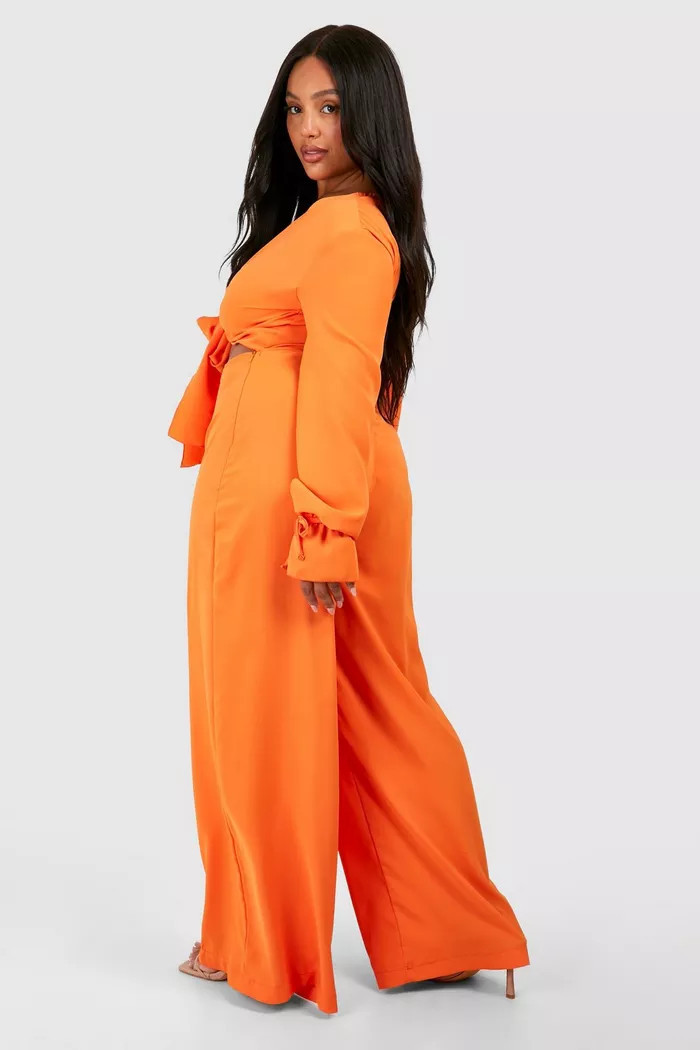 Plus Woven Knot Front Long Sleeve Jumpsuit | boohoo (US & Canada)