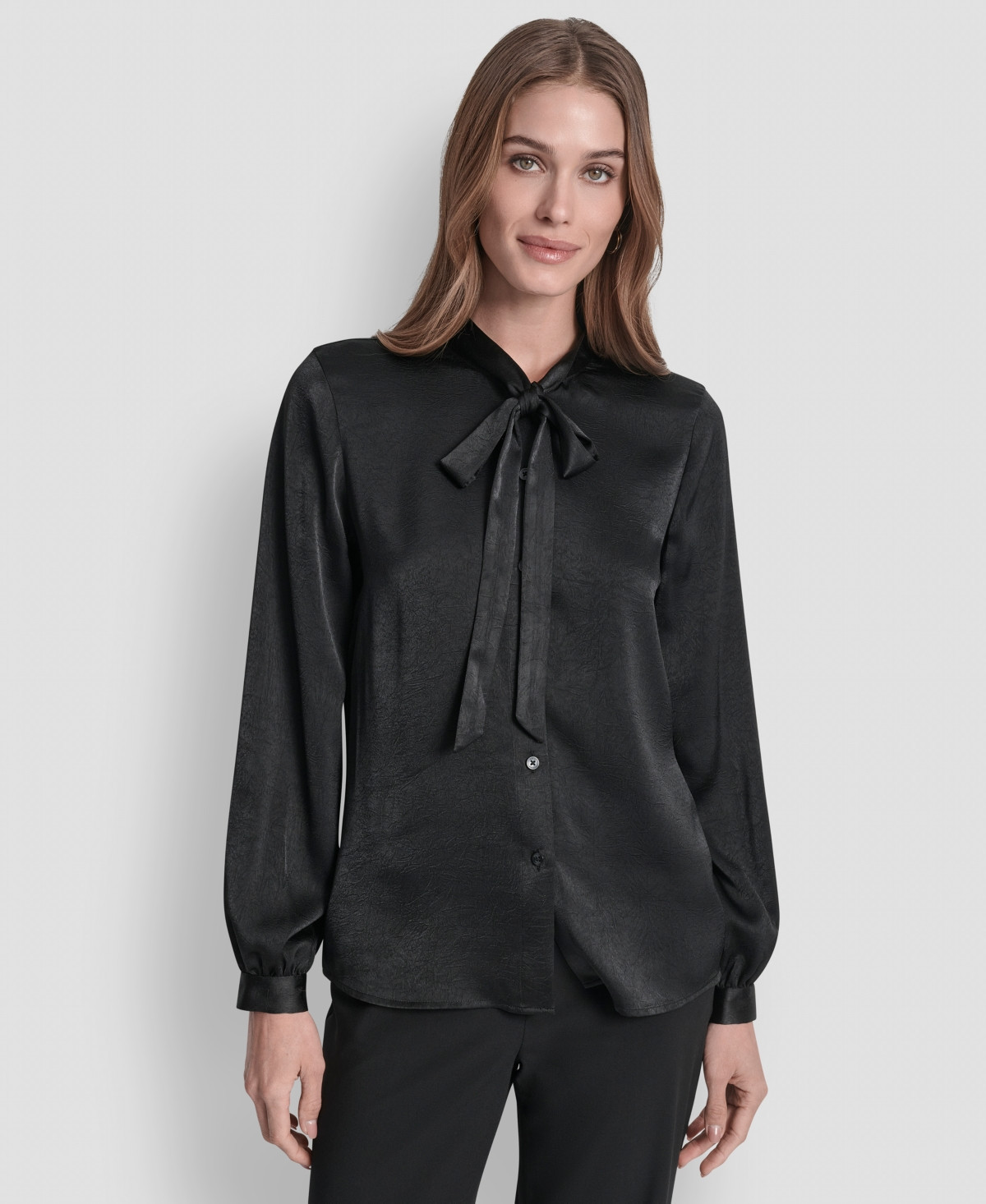 Dkny Women's Crushed Satin Long Sleeve Blouse - Black | Macy's