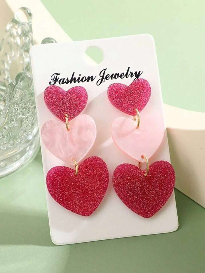 Acrylic Three Layer Pink Heart Shaped Valentine'S Day Dangle Earrings | SHEIN