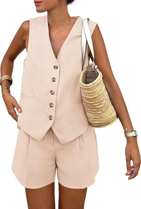 Amazon find PRETTYGARDEN Womens 2 Piece Suits Set Button Down V Neck Vest Sleeveless Tops And Pockets Shorts Trendy Summer Outfits

#LTKSeasonal #LTKFindsUnder50