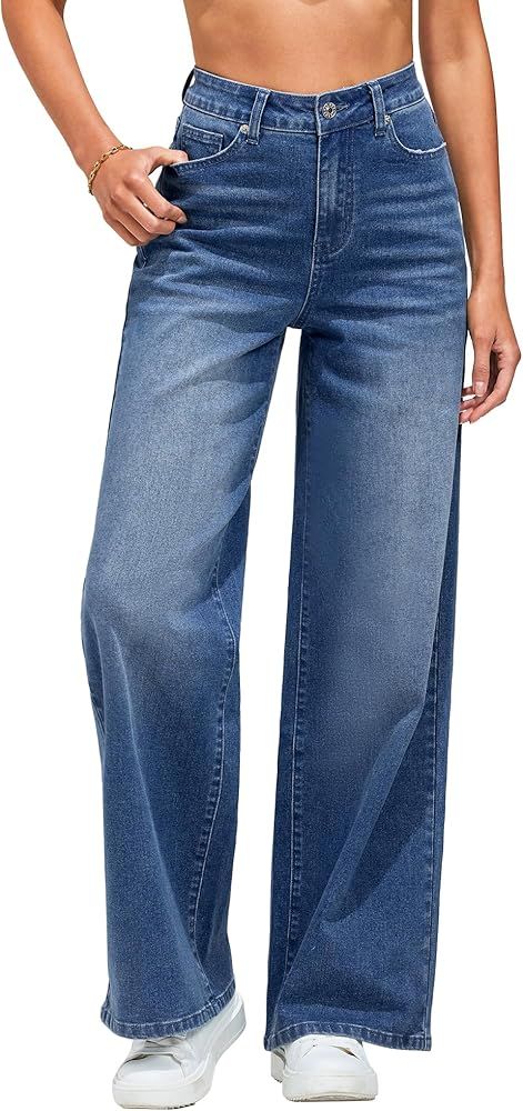 GRAPENT Wide Leg Jeans for Women Trendy High Waisted Stretchy Denim Pants 90s Baggy Jeans Trouser... | Amazon (US)