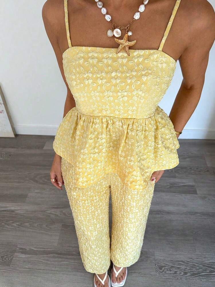 Teen Girl Casual Vacation Spaghetti Strap Yellow Textured Print Camisole And Long Pants 2 Pieces Set | SHEIN