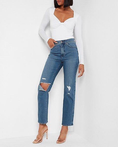 Super High Waisted Medium Wash Ripped Modern Straight Jeans | Express
